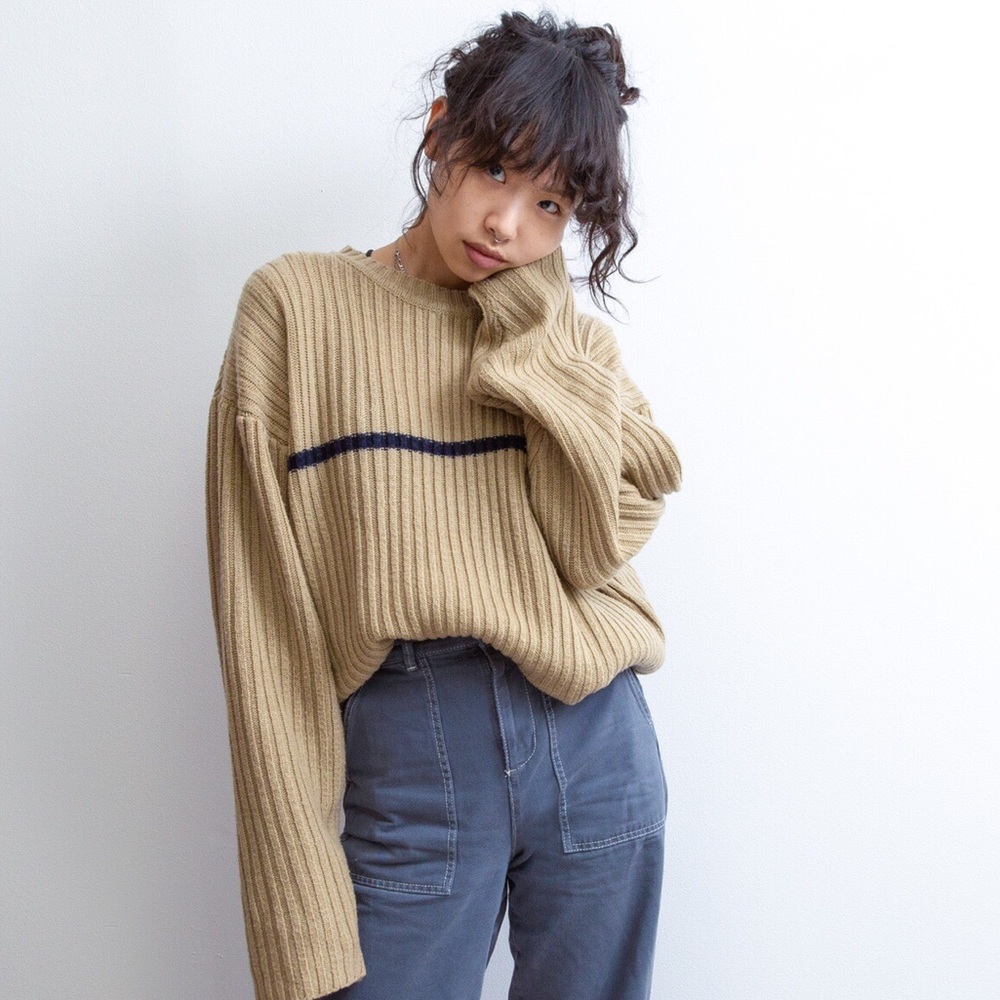 Vintage Beige Ribbed Knit Sweater